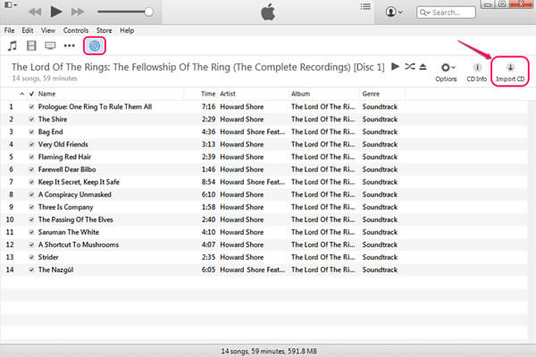 Выделите и отметьте поля треков, которые вы хотите перенести в медиатеку iTunes, и нажмите кнопку «Импортировать CD»