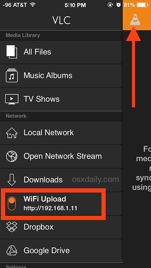 Найдите переключатель «WiFi Upload» и установите его в положение «ON»